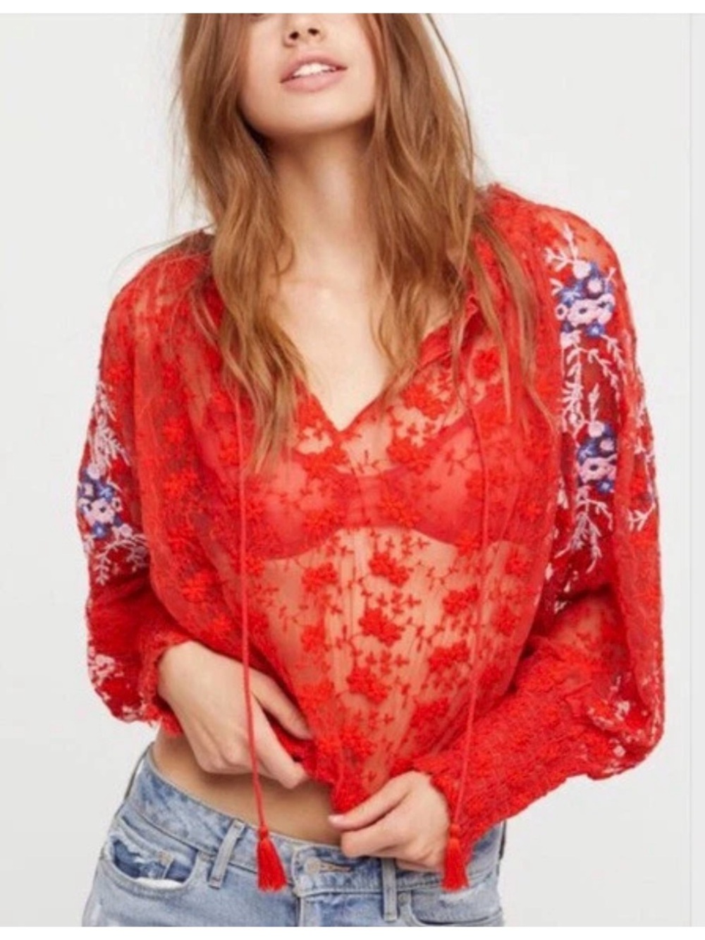 Free People Red Sheer Embroidered Boho Blouse